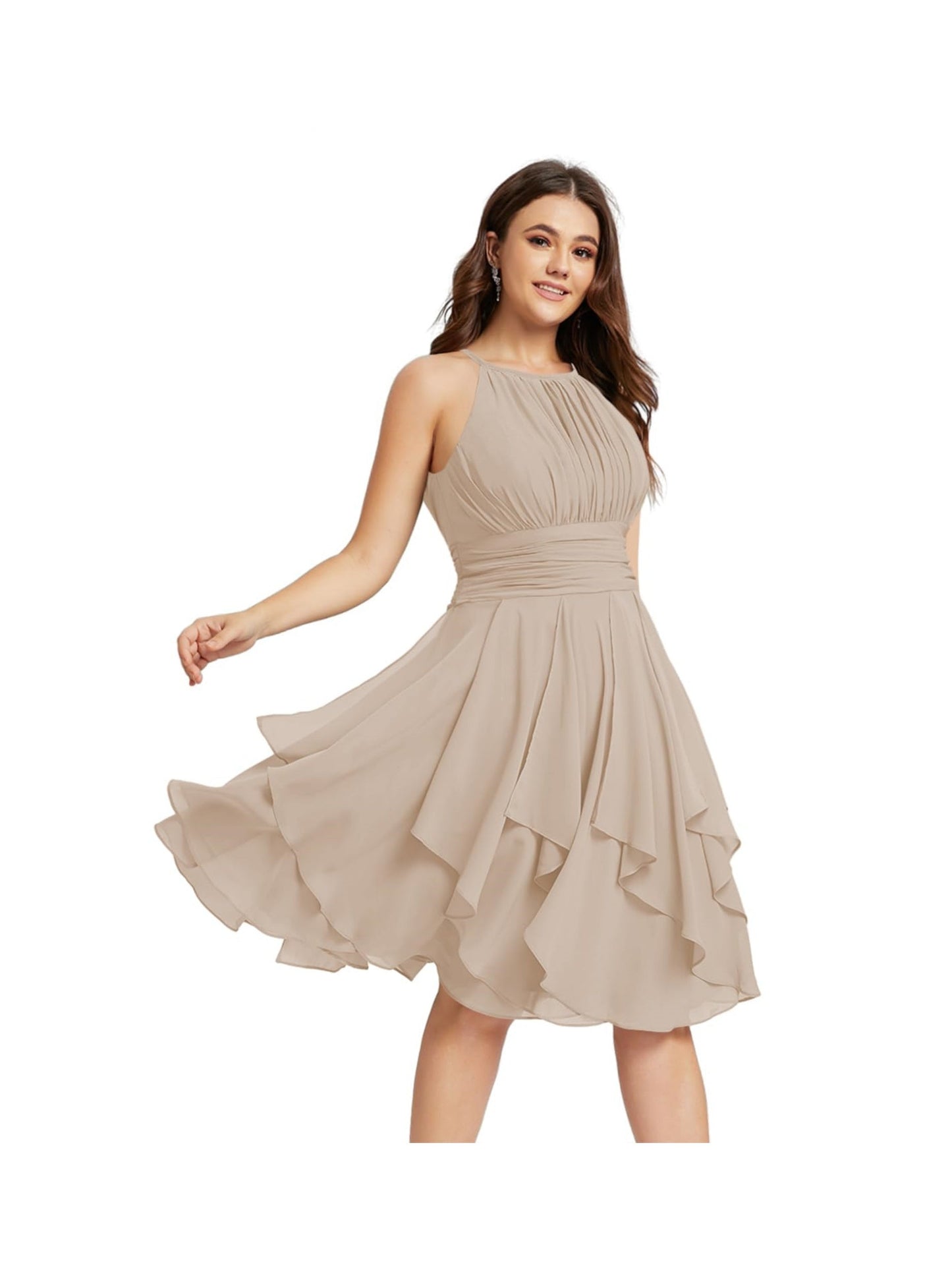 A Line/Princess Halter Sleeveless Short/Mini Bridesmaid Dresses Chiffon Ruffle Pleated Pockets