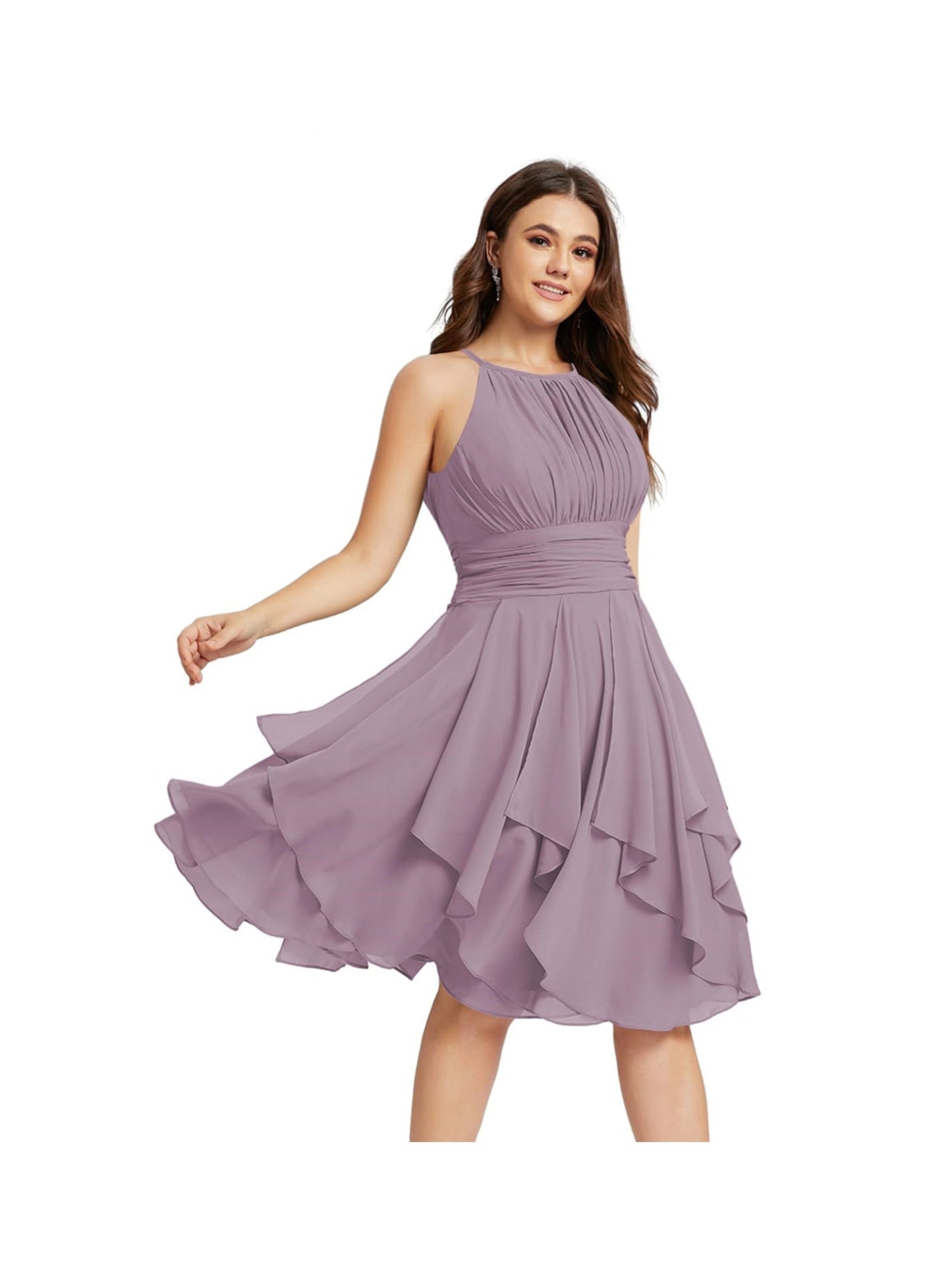 A Line/Princess Halter Sleeveless Short/Mini Bridesmaid Dresses Chiffon Ruffle Pleated Pockets