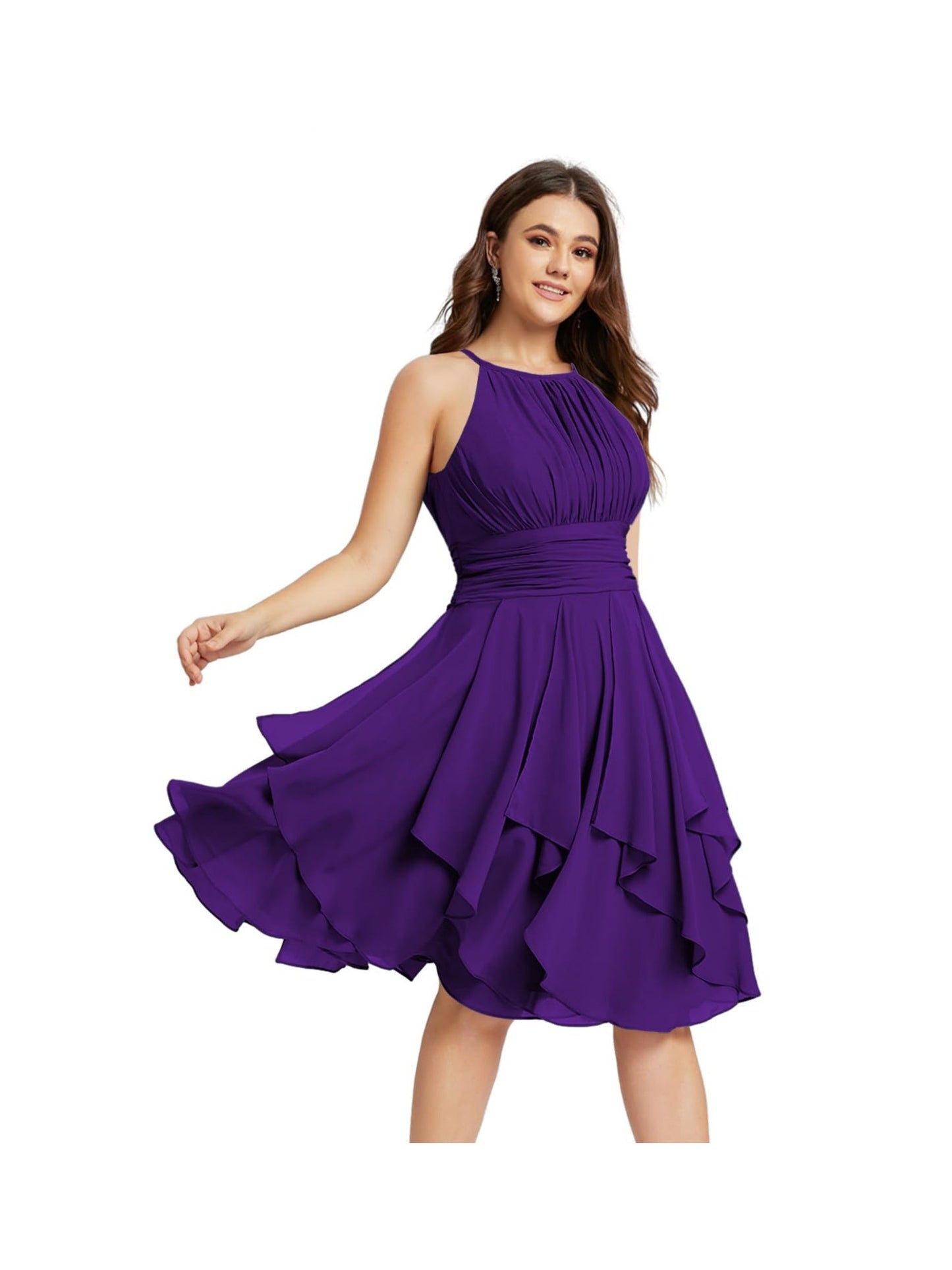 A Line/Princess Halter Sleeveless Short/Mini Bridesmaid Dresses Chiffon Ruffle Pleated Pockets