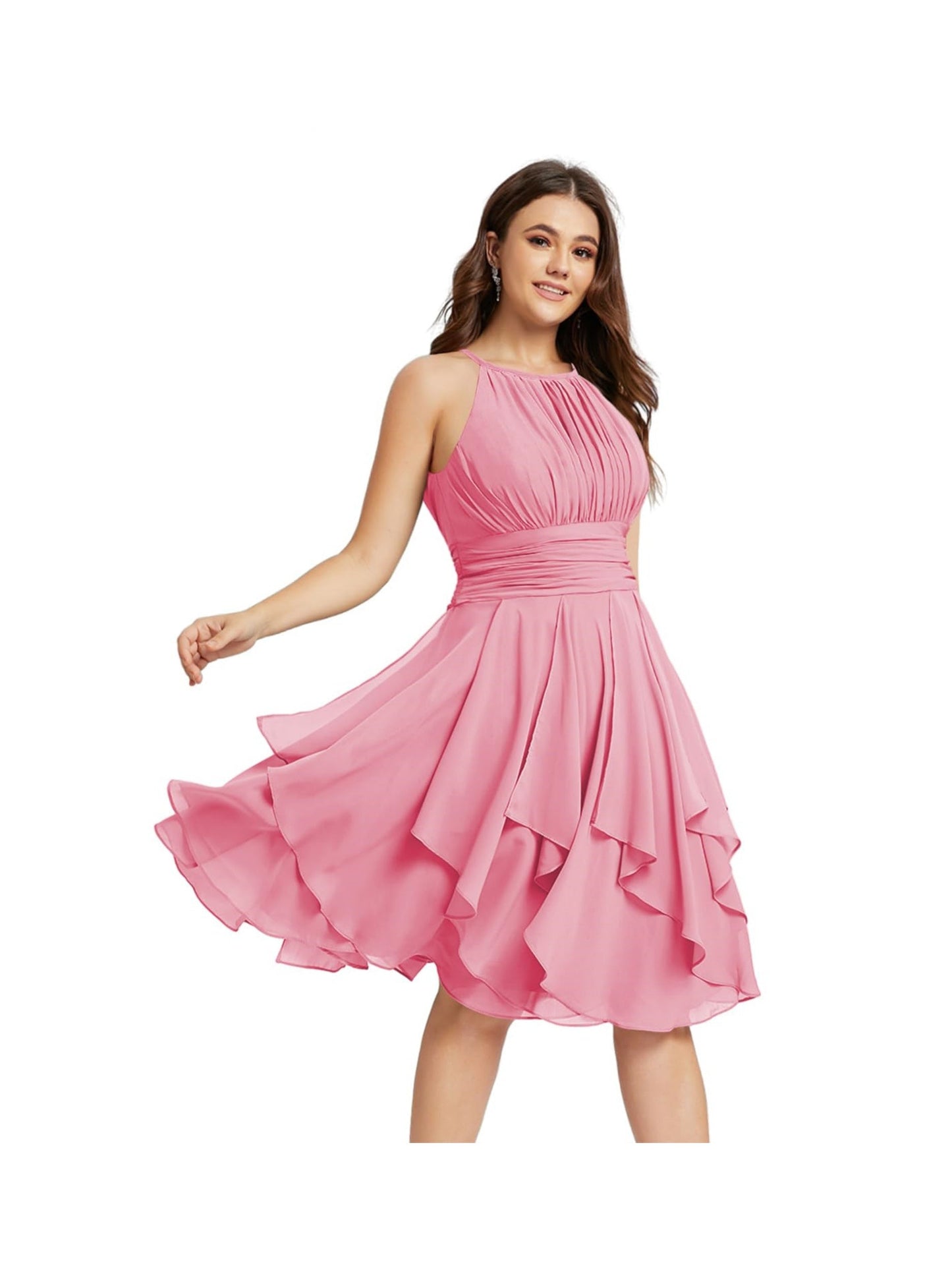 A Line/Princess Halter Sleeveless Short/Mini Bridesmaid Dresses Chiffon Ruffle Pleated Pockets