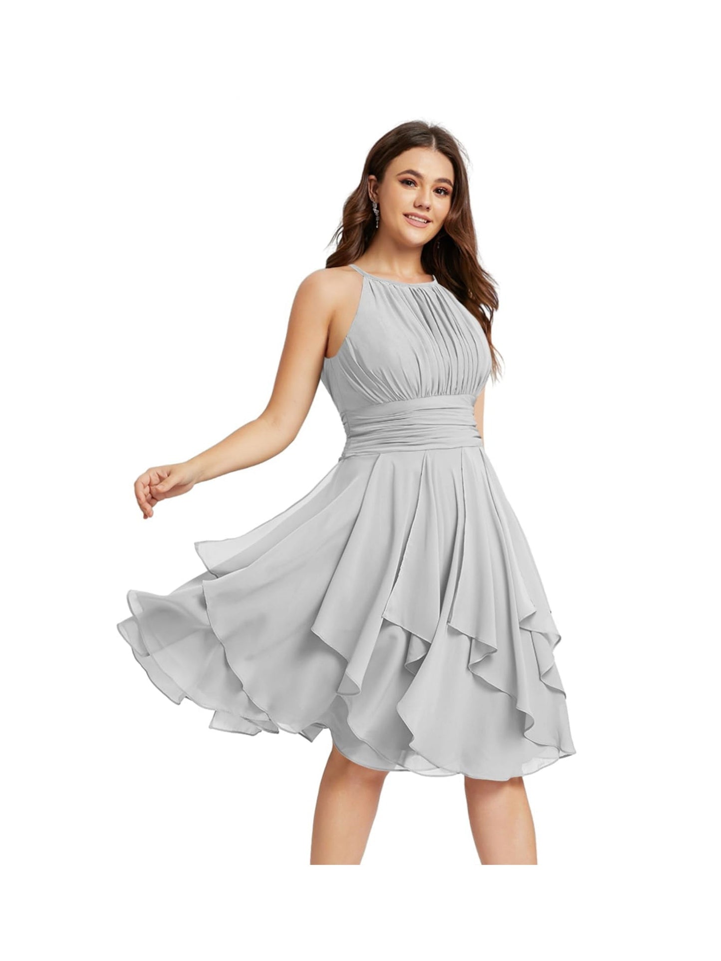 A Line/Princess Halter Sleeveless Short/Mini Bridesmaid Dresses Chiffon Ruffle Pleated Pockets