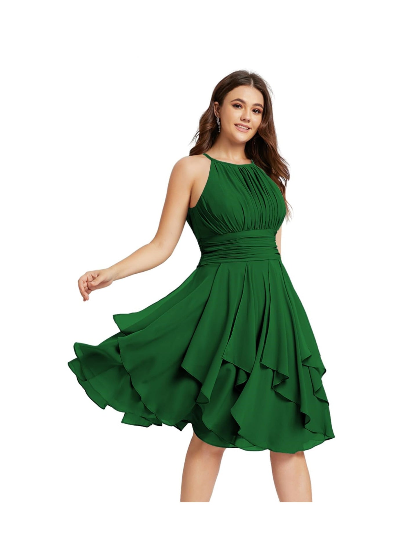 A Line/Princess Halter Sleeveless Short/Mini Bridesmaid Dresses Chiffon Ruffle Pleated Pockets