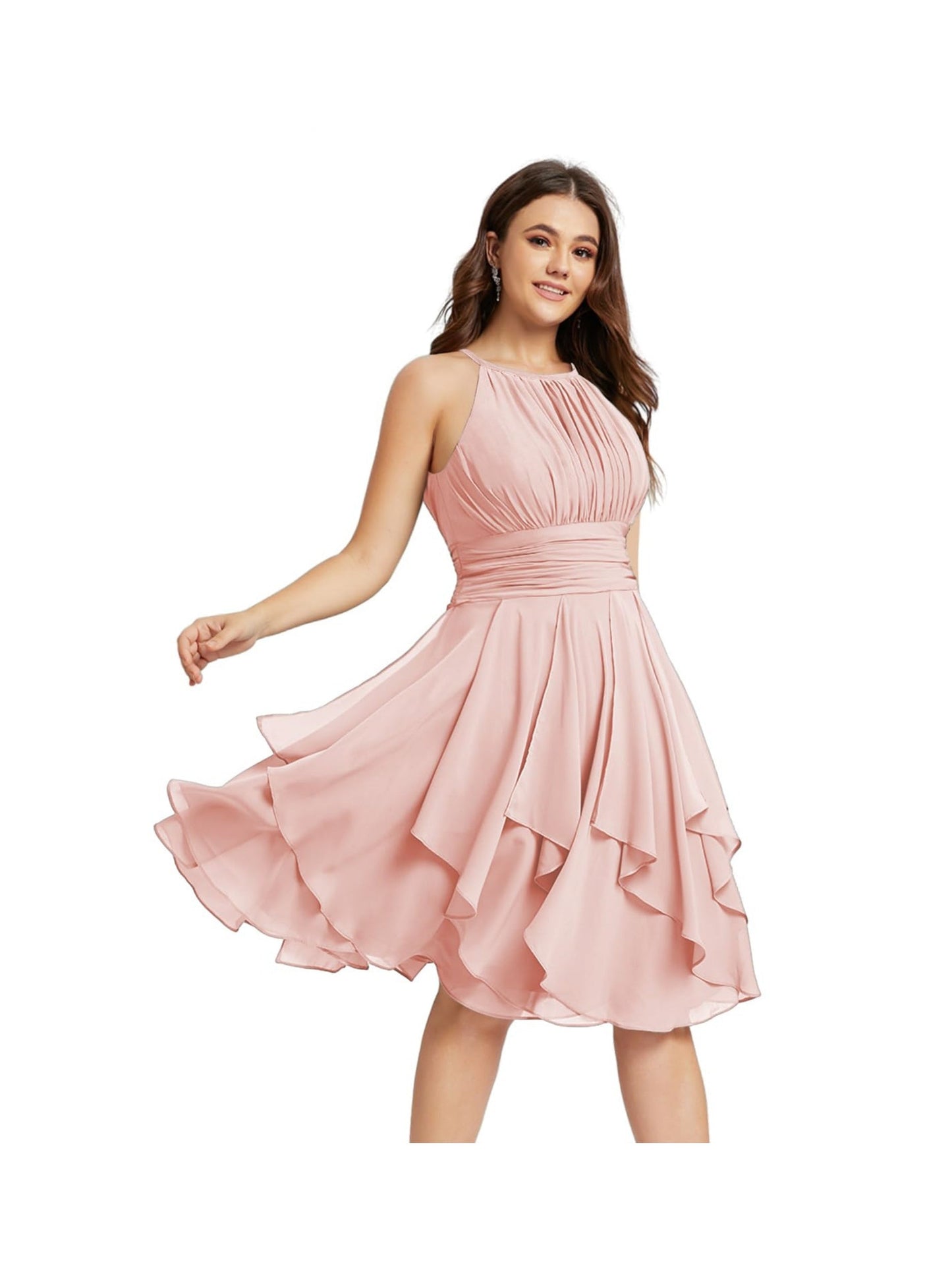 A Line/Princess Halter Sleeveless Short/Mini Bridesmaid Dresses Chiffon Ruffle Pleated Pockets