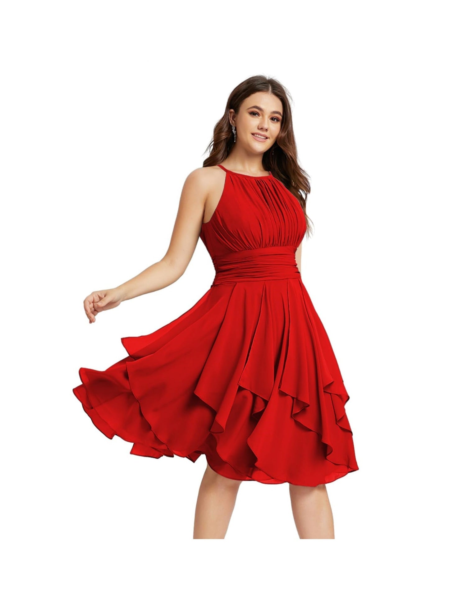 A Line/Princess Halter Sleeveless Short/Mini Bridesmaid Dresses Chiffon Ruffle Pleated Pockets