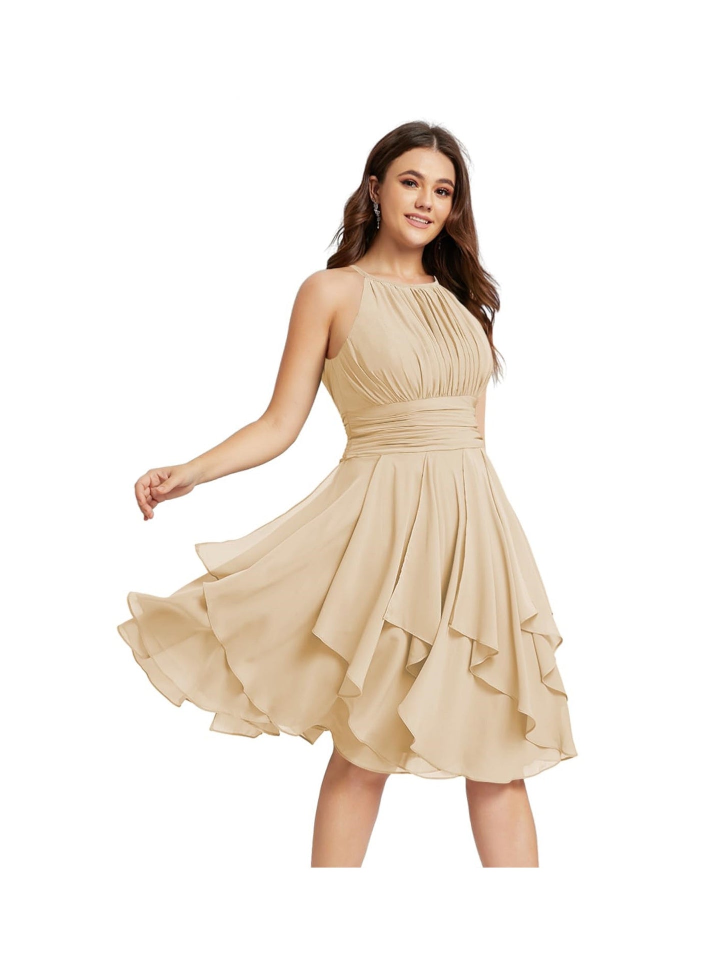 A Line/Princess Halter Sleeveless Short/Mini Bridesmaid Dresses Chiffon Ruffle Pleated Pockets