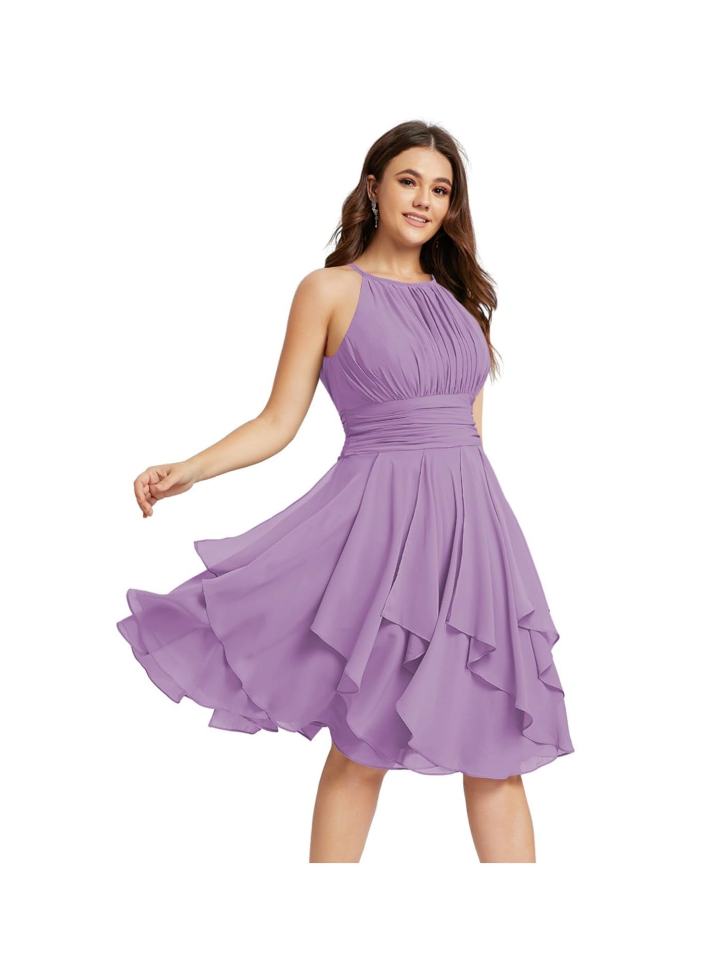 A Line/Princess Halter Sleeveless Short/Mini Bridesmaid Dresses Chiffon Ruffle Pleated Pockets