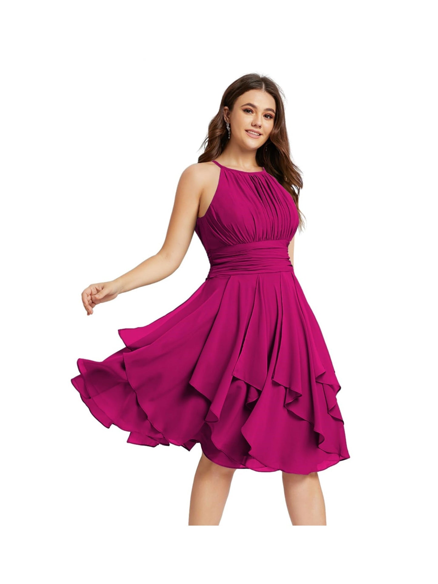 A Line/Princess Halter Sleeveless Short/Mini Bridesmaid Dresses Chiffon Ruffle Pleated Pockets