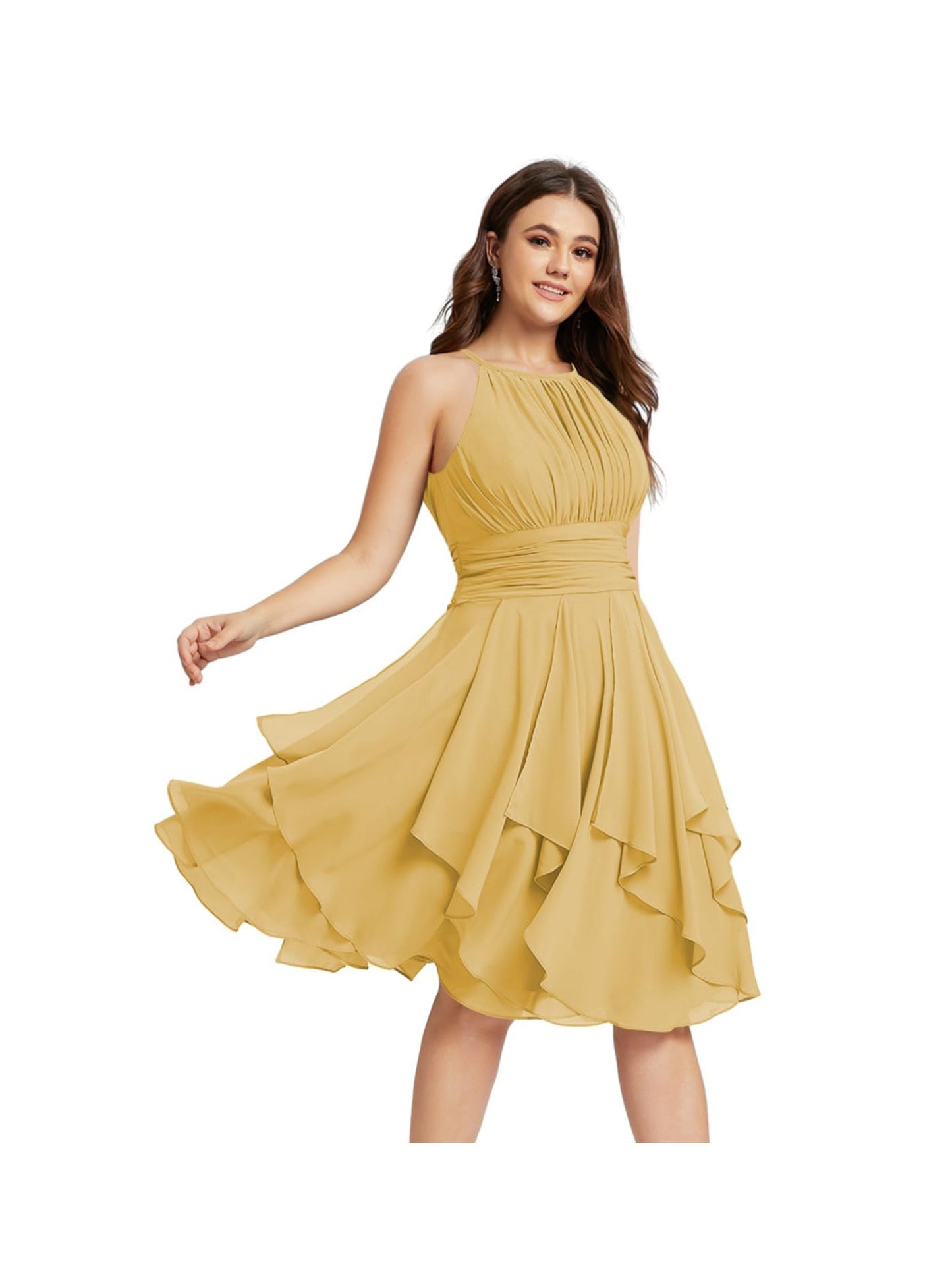 A Line/Princess Halter Sleeveless Short/Mini Bridesmaid Dresses Chiffon Ruffle Pleated Pockets