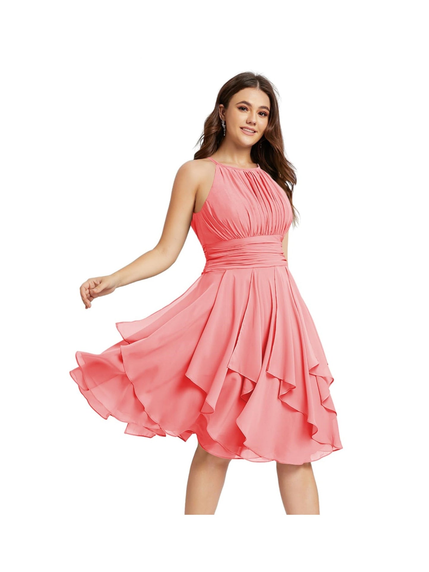 A Line/Princess Halter Sleeveless Short/Mini Bridesmaid Dresses Chiffon Ruffle Pleated Pockets