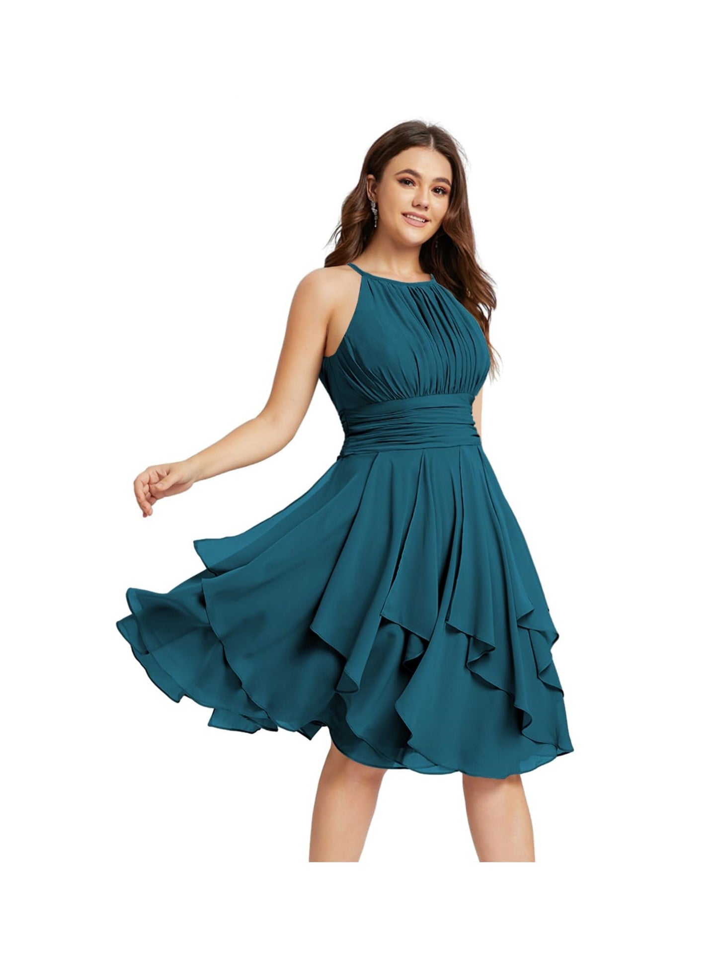 A Line/Princess Halter Sleeveless Short/Mini Bridesmaid Dresses Chiffon Ruffle Pleated Pockets