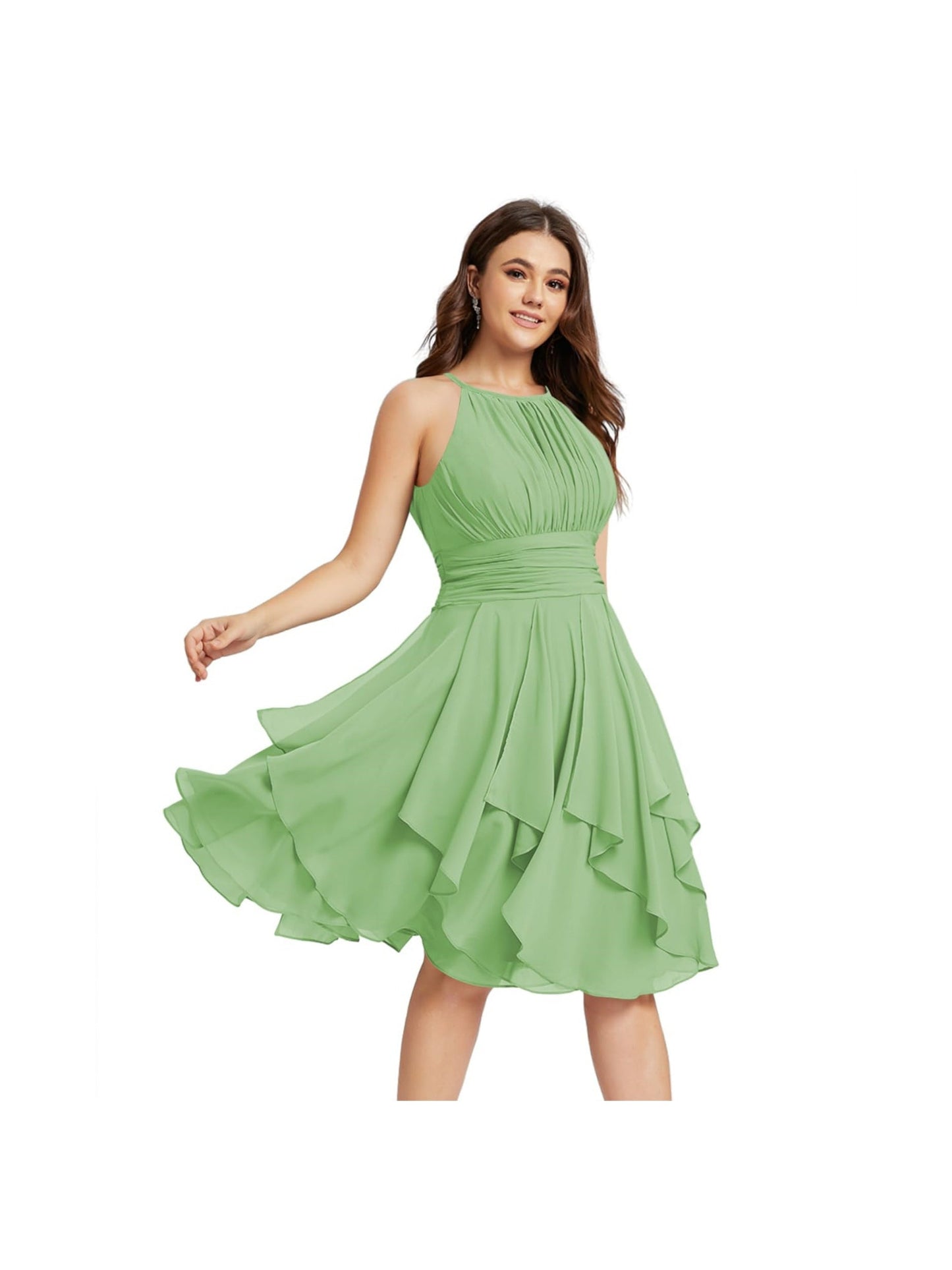 A Line/Princess Halter Sleeveless Short/Mini Bridesmaid Dresses Chiffon Ruffle Pleated Pockets