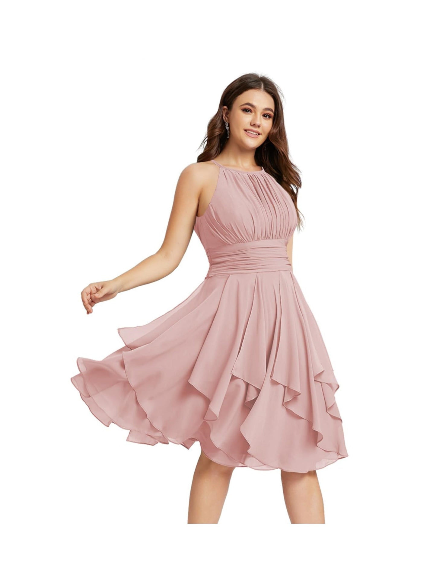 A Line/Princess Halter Sleeveless Short/Mini Bridesmaid Dresses Chiffon Ruffle Pleated Pockets