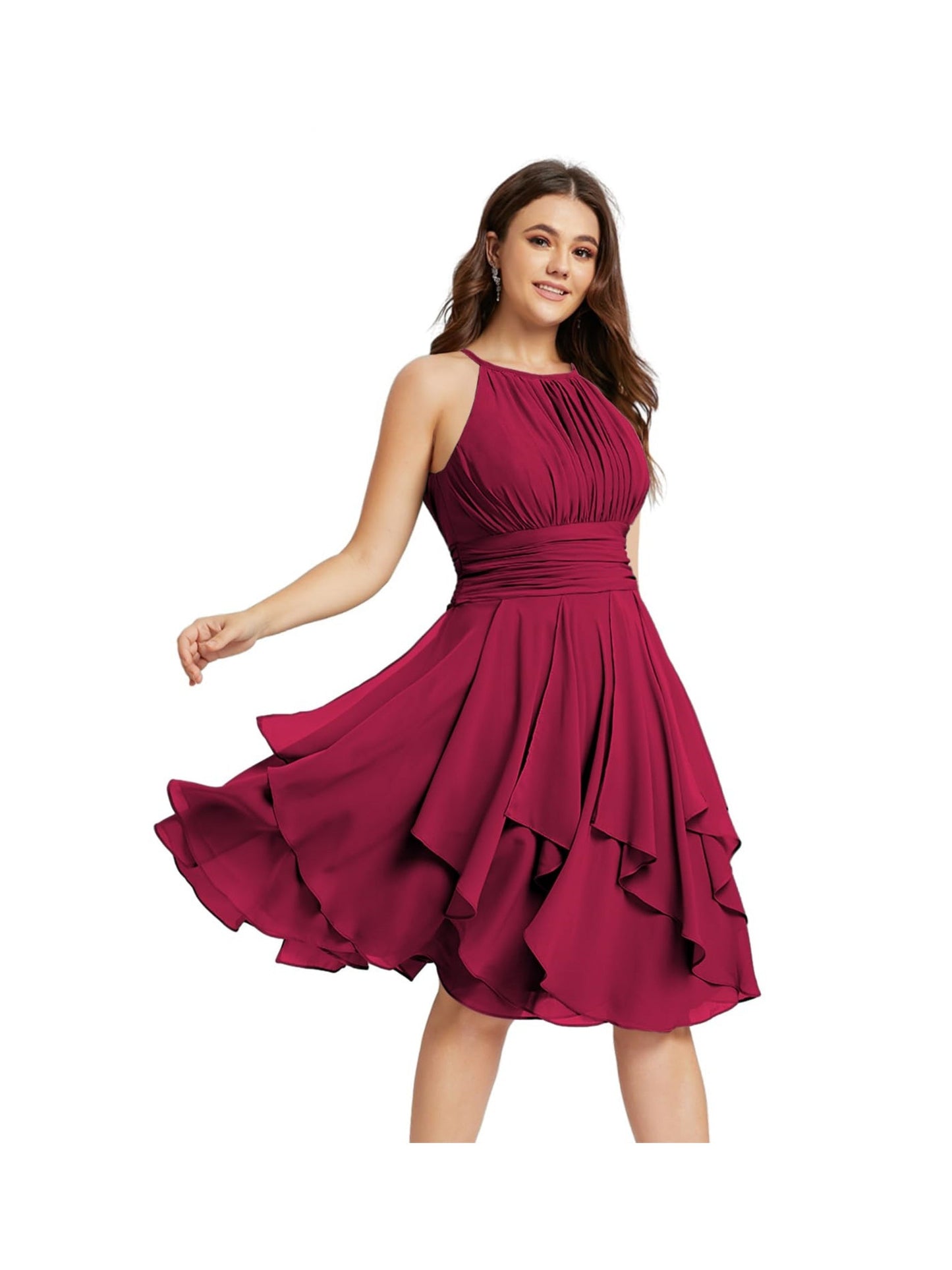 A Line/Princess Halter Sleeveless Short/Mini Bridesmaid Dresses Chiffon Ruffle Pleated Pockets