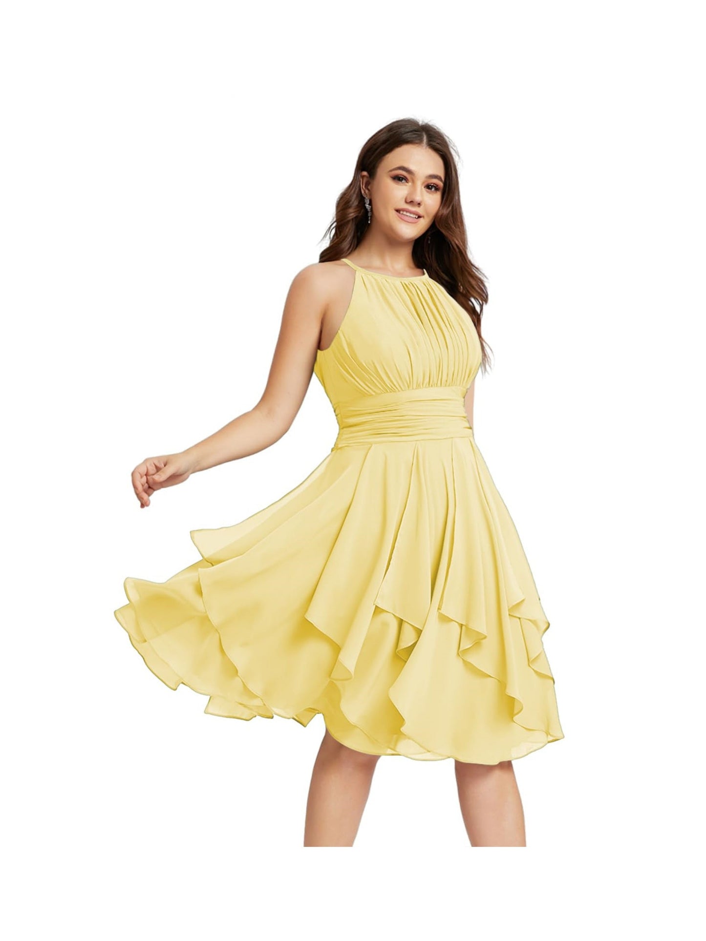 A Line/Princess Halter Sleeveless Short/Mini Bridesmaid Dresses Chiffon Ruffle Pleated Pockets