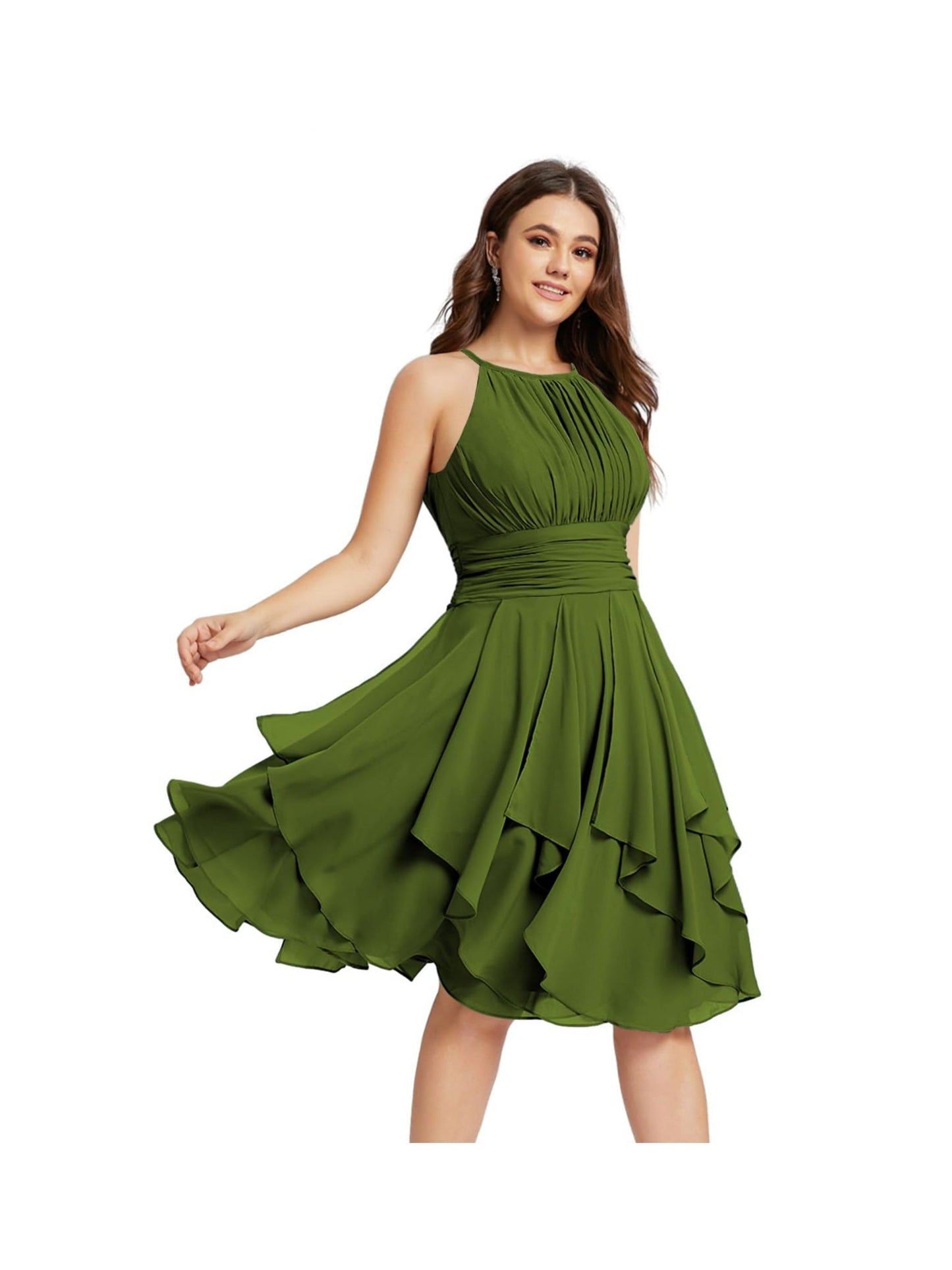 A Line/Princess Halter Sleeveless Short/Mini Bridesmaid Dresses Chiffon Ruffle Pleated Pockets