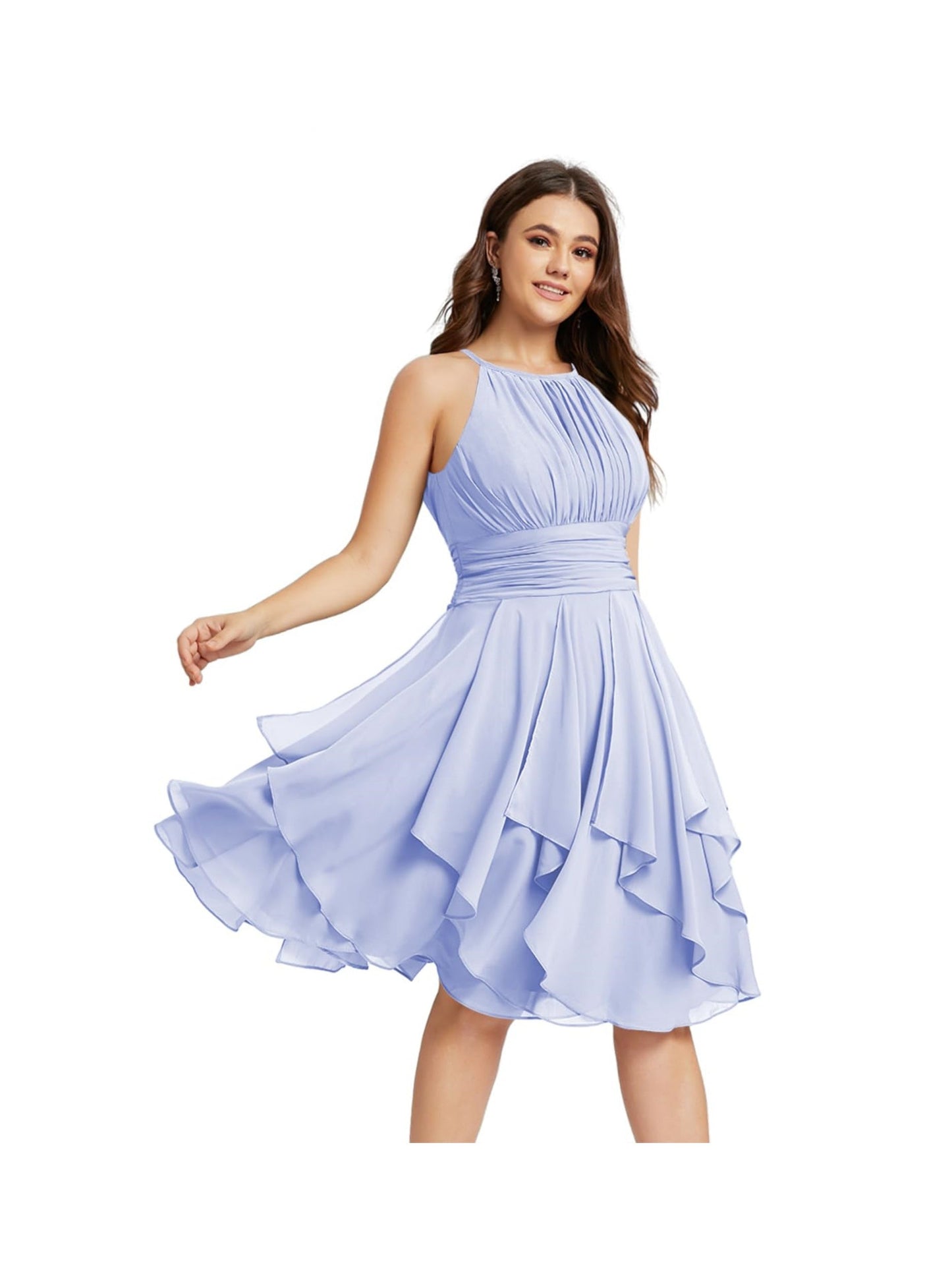 A Line/Princess Halter Sleeveless Short/Mini Bridesmaid Dresses Chiffon Ruffle Pleated Pockets
