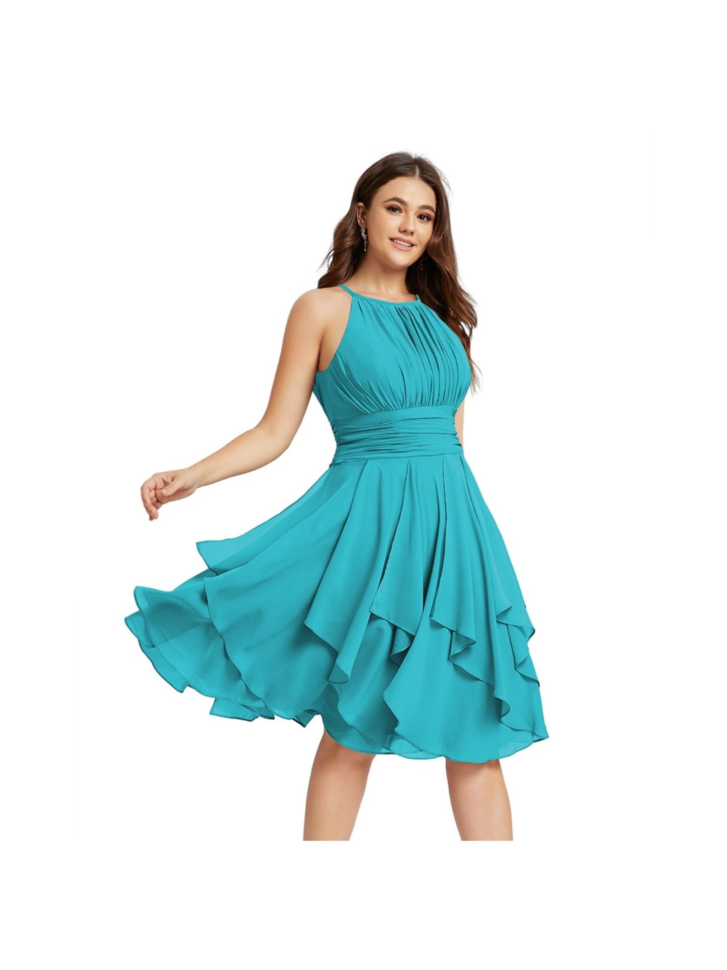 A Line/Princess Halter Sleeveless Short/Mini Bridesmaid Dresses Chiffon Ruffle Pleated Pockets