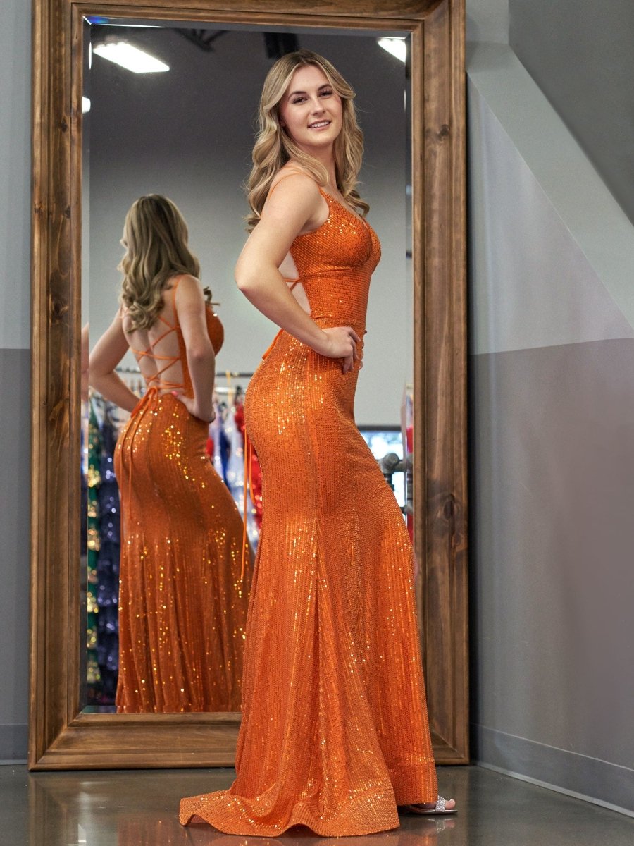 Emaree | Vestidos de fiesta largos con escote en V y lentejuelas de sirena brillante con abertura