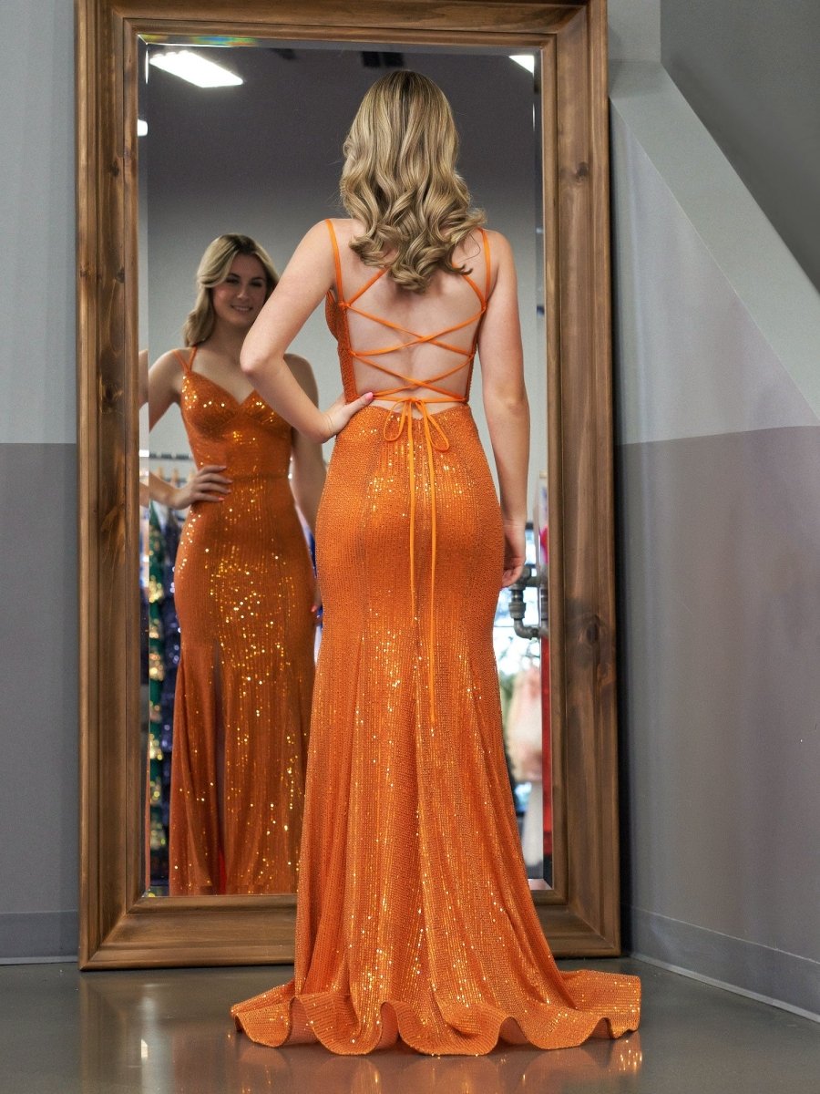 Emaree | Vestidos de fiesta largos con escote en V y lentejuelas de sirena brillante con abertura