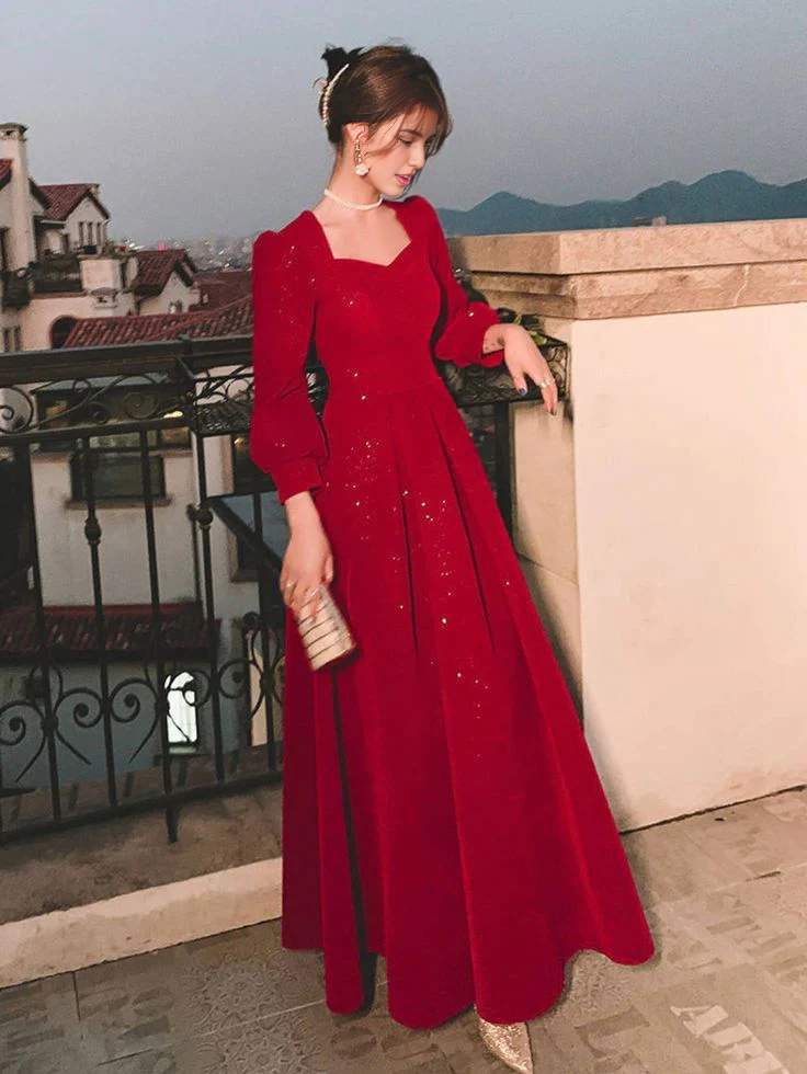 Formal Women's Dresses Red Glitter Modest Prom Dress Formal Evening Dress Long Sleeve Floor Length Prom Clothing
