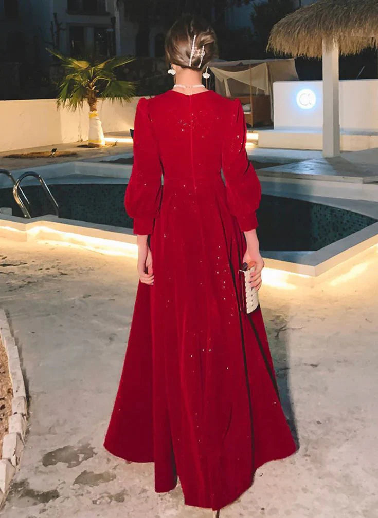 Formal Women's Dresses Red Glitter Modest Prom Dress Formal Evening Dress Long Sleeve Floor Length Prom Clothing
