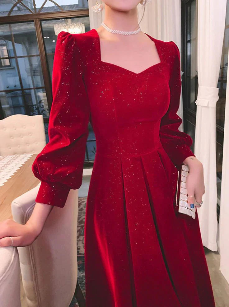 Formal Women's Dresses Red Glitter Modest Prom Dress Formal Evening Dress Long Sleeve Floor Length Prom Clothing
