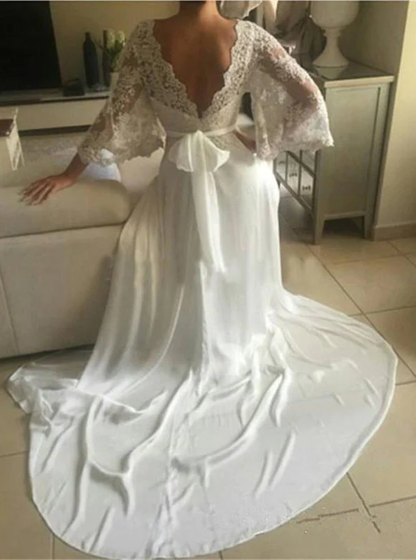 Vestidos de novia económicos de 2023 con escote en V, mangas de encaje y lazo en la espalda fg1956