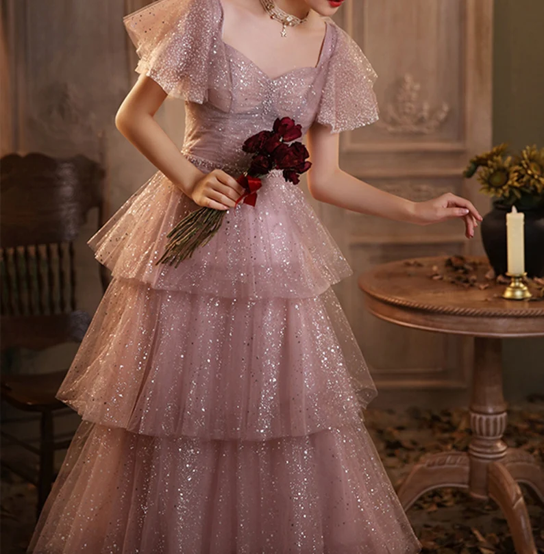 Dreamy Pink Long Prom Dress Girl Sparkly Tiered Dress Starry Evening Dress fg2219