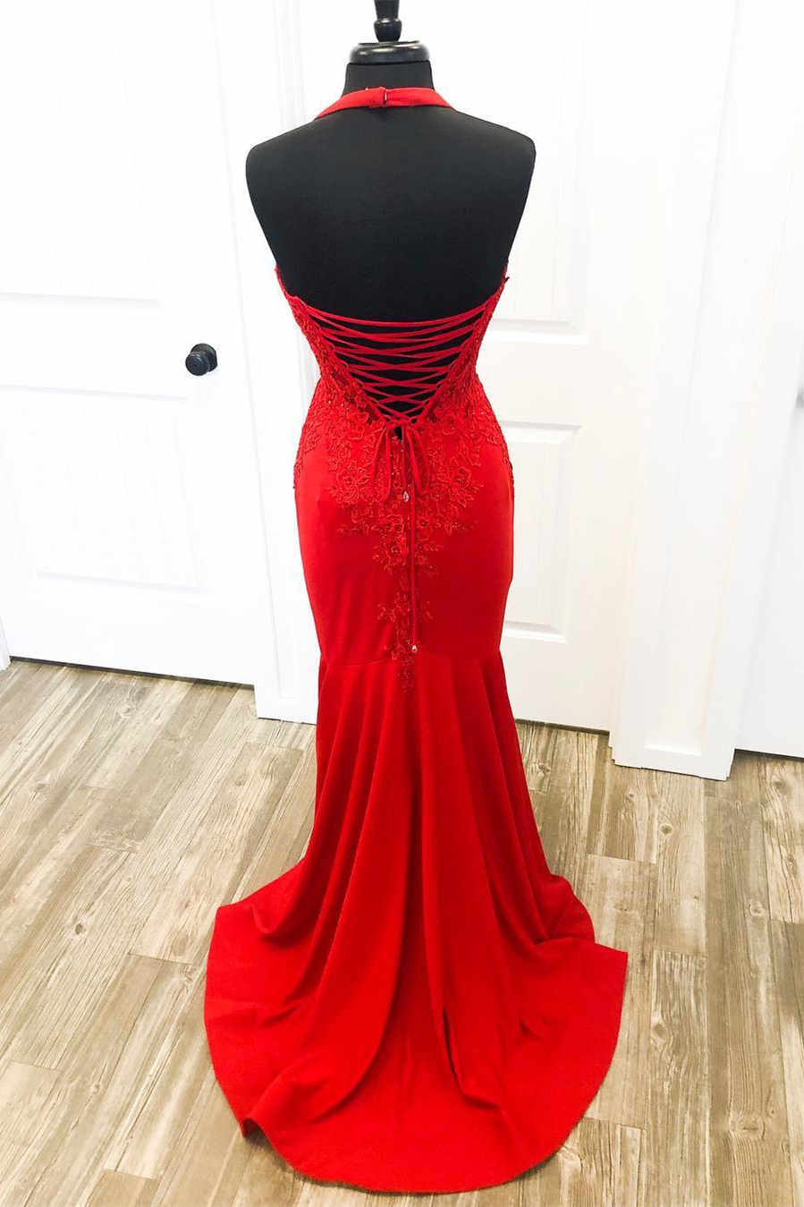 Elegant Red Halter Mermaid Prom Dress with Appliques fg2368