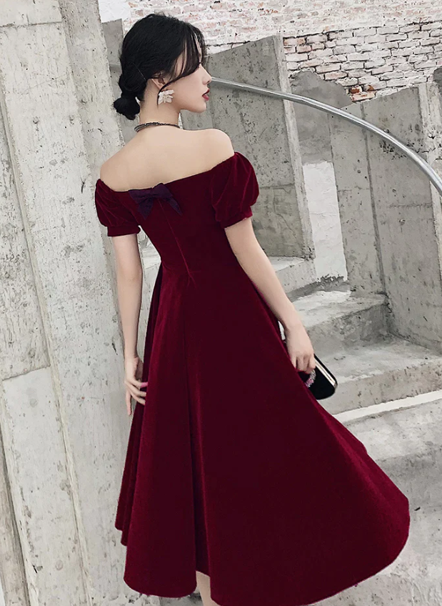 Wine Red Short Velvet Evening Dresses, Off Shoulder Prom Dresses Bridesmaid Dress fg1434