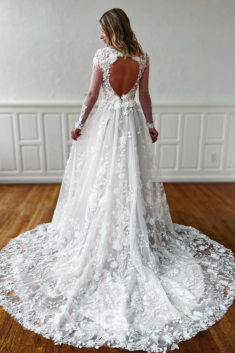 VESTIDO DE NOVIA DE ENCAJE CON MANGAS LARGAS Y ESCOTE EN V PROFUNDO FG1955