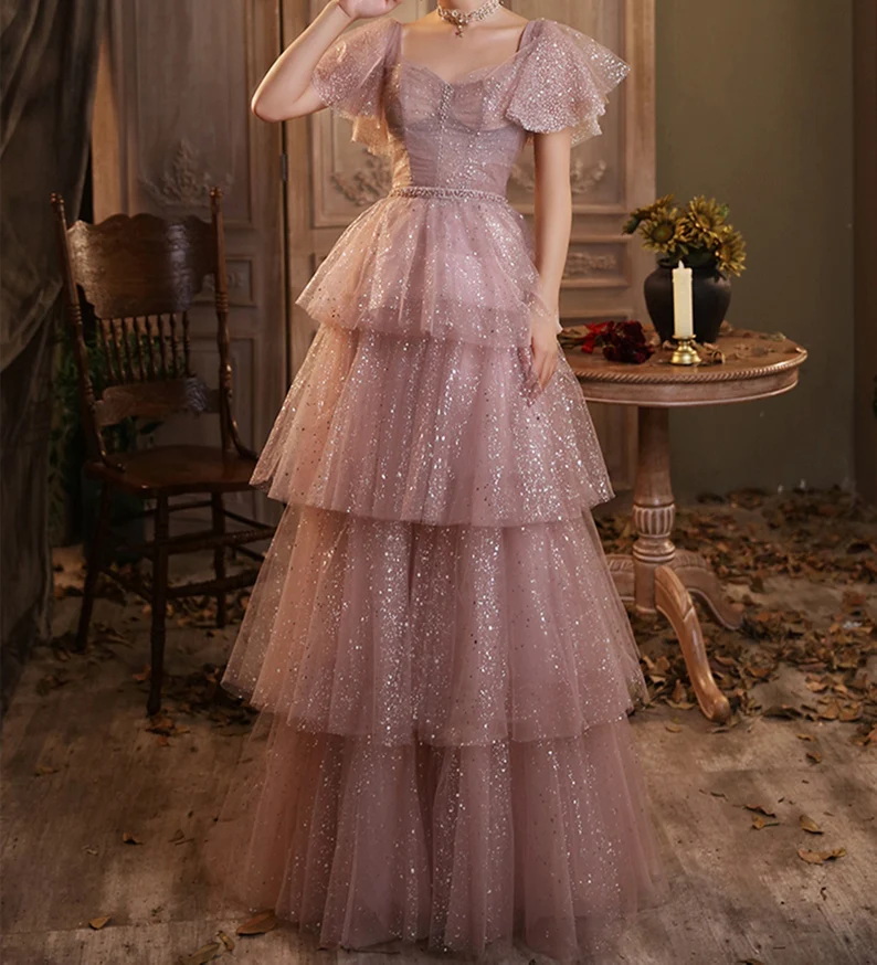 Dreamy Pink Long Prom Dress Girl Sparkly Tiered Dress Starry Evening Dress fg2219