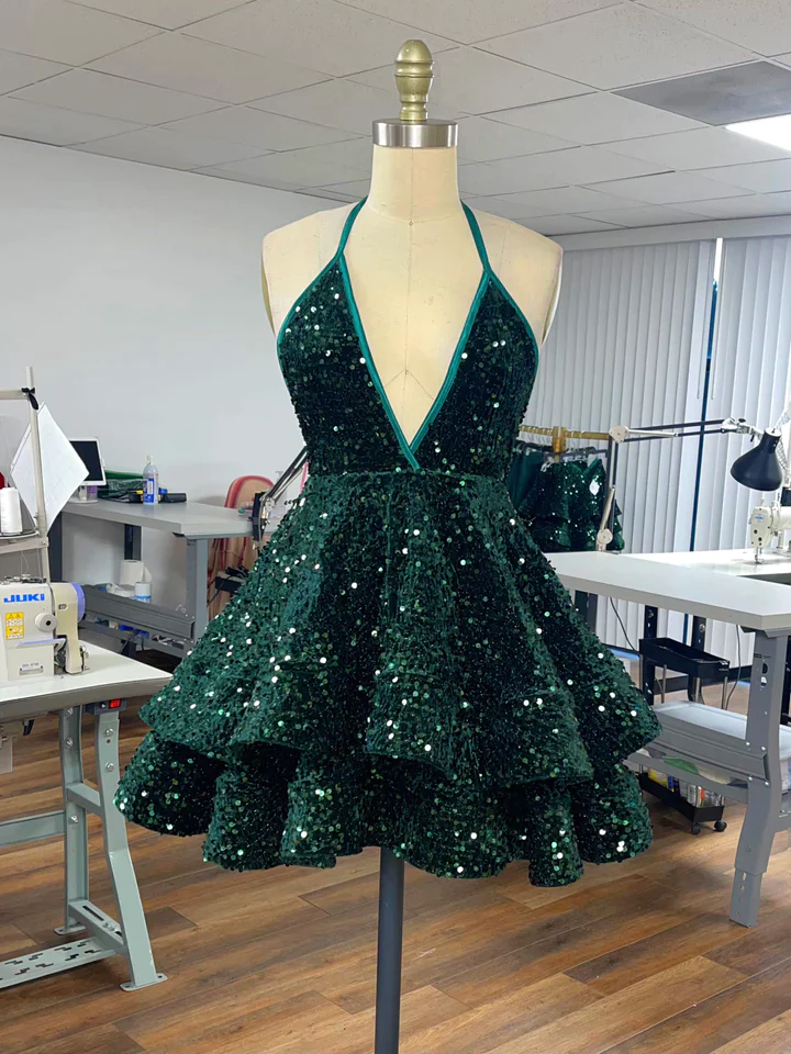 Vestido de fiesta de lentejuelas con escote en V y volantes, minivestido personalizado para la vuelta al cole, vestidos de bienvenida fg2431
