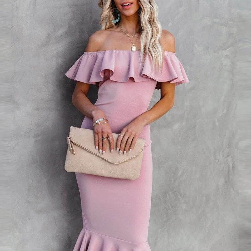 Casual Solid Color Off Shoulder Slim Vestido Women Summer Sexy Ruffle Slash Neck Dresses Elegant Simple Midi Party Mermaid Dress fg1945