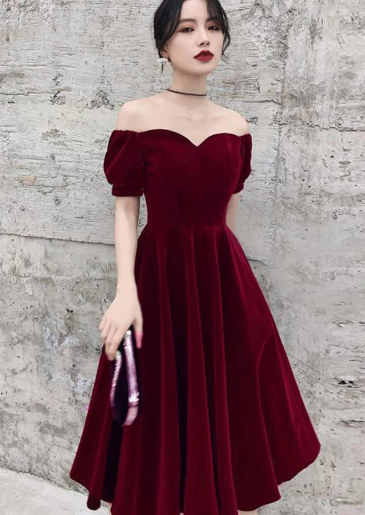 Wine Red Short Velvet Evening Dresses, Off Shoulder Prom Dresses Bridesmaid Dress fg1434