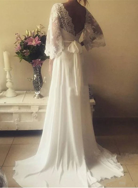 Vestidos de novia económicos de 2023 con escote en V, mangas de encaje y lazo en la espalda fg1956