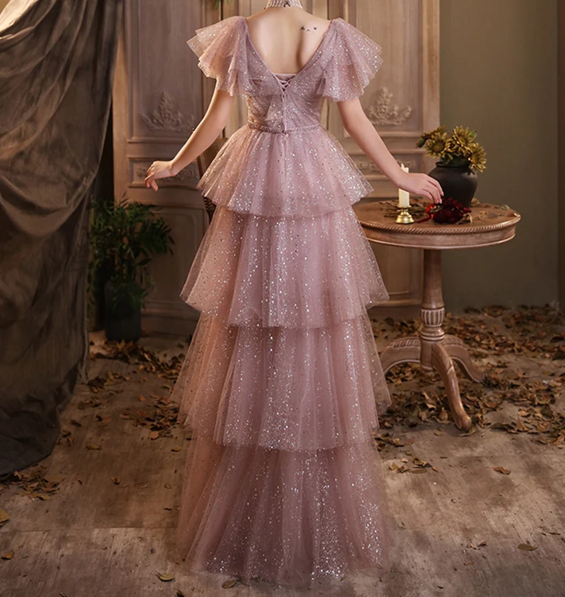 Dreamy Pink Long Prom Dress Girl Sparkly Tiered Dress Starry Evening Dress fg2219