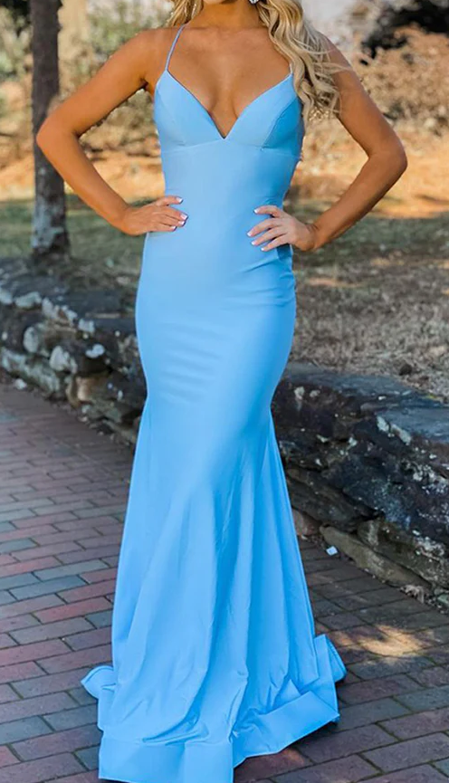 Vestido de fiesta largo de sirena azul sexy sin espalda fg3768