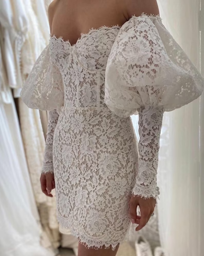 Vestidos cortos personalizados, vestido de novia de encaje fg3304
