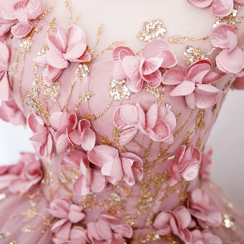 Lovely Pink Tulle Long Party Dress With Flowers, Pink Tulle Sweet 16 Gown fg3286