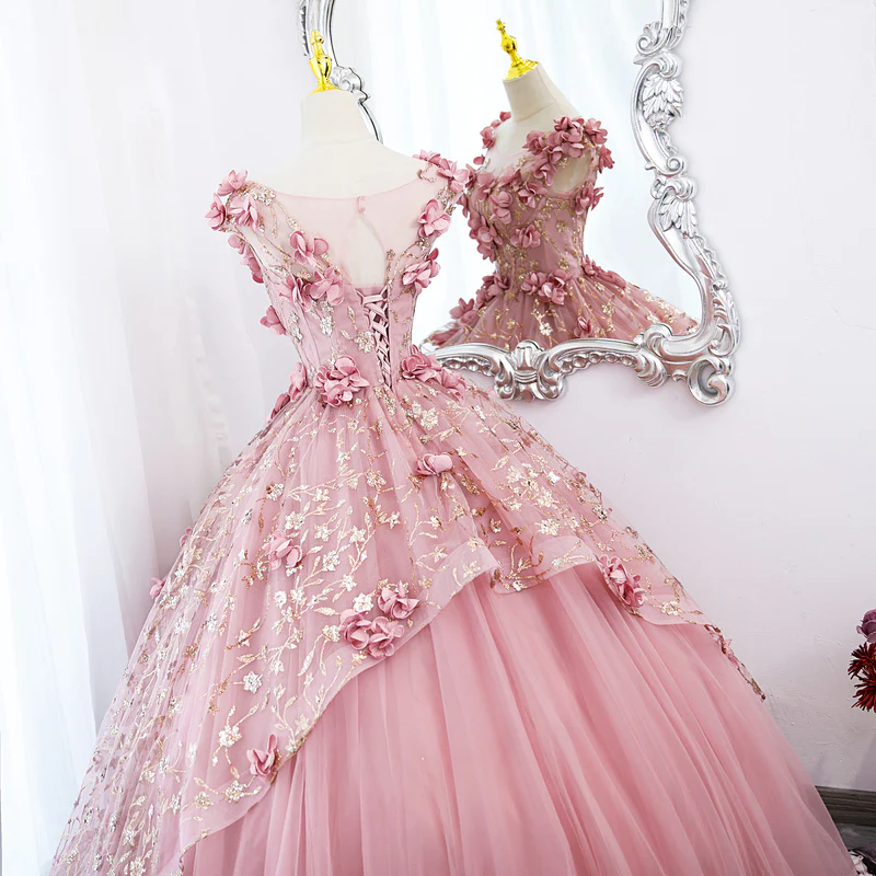 Lovely Pink Tulle Long Party Dress With Flowers, Pink Tulle Sweet 16 Gown fg3286