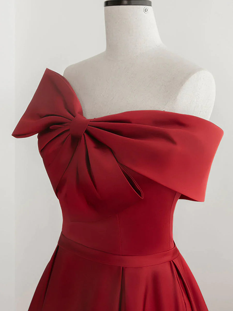 A-Line Satin Red Long Prom Dresses, Red Long Formal Dresses fg4359