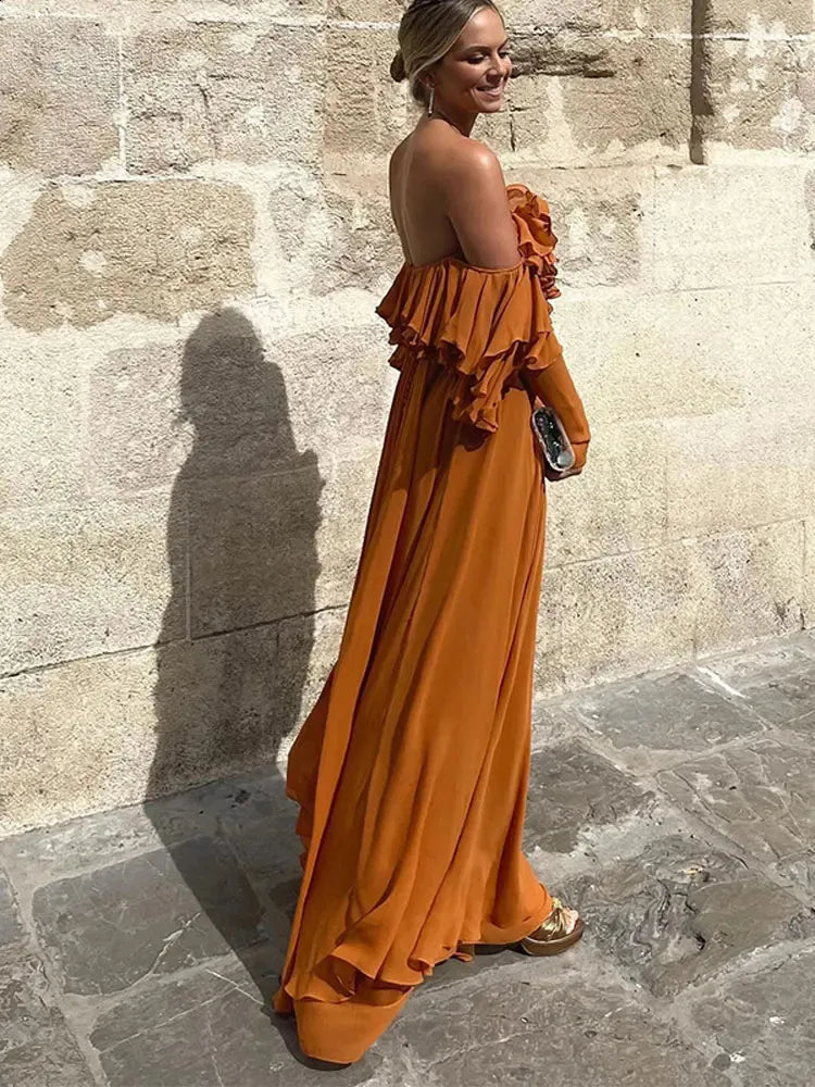 Vestidos de noche de gasa clásicos con volantes y corte en A, vestidos de fiesta largos fg7465