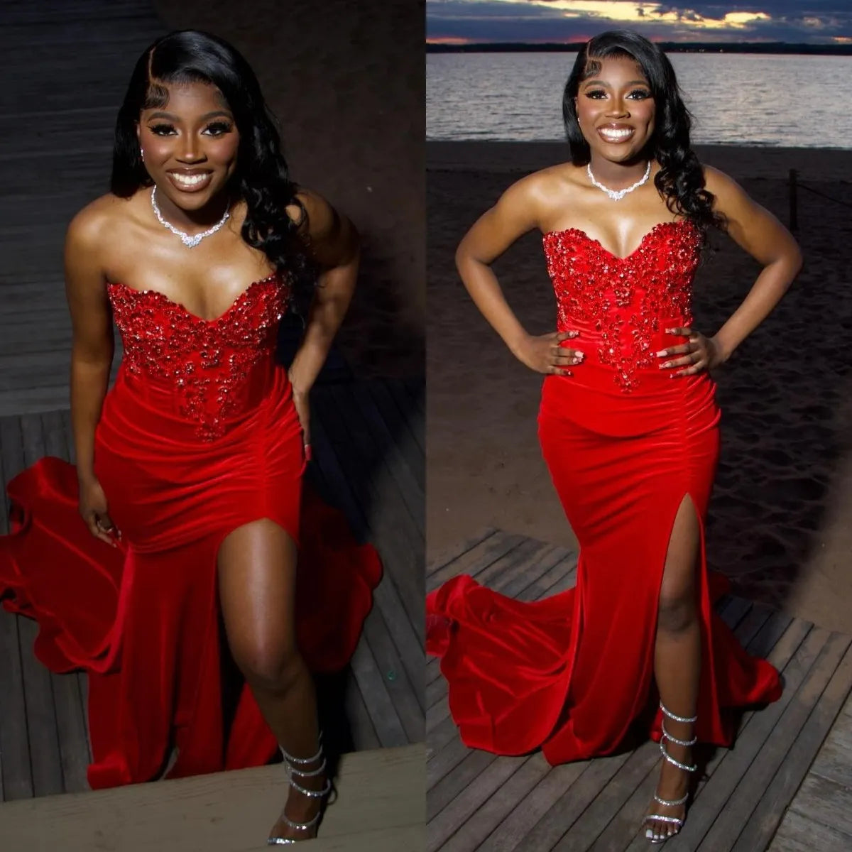 Beaded Mermaid Prom Dress Red Sweetheart Evening Gown fg7523