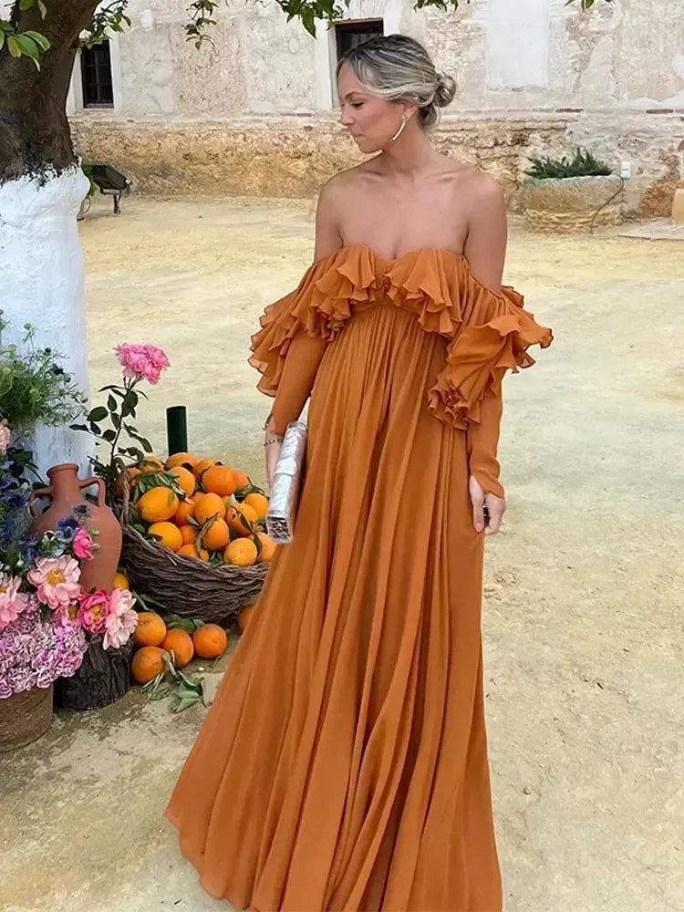 Vestidos de noche de gasa clásicos con volantes y corte en A, vestidos de fiesta largos fg7465