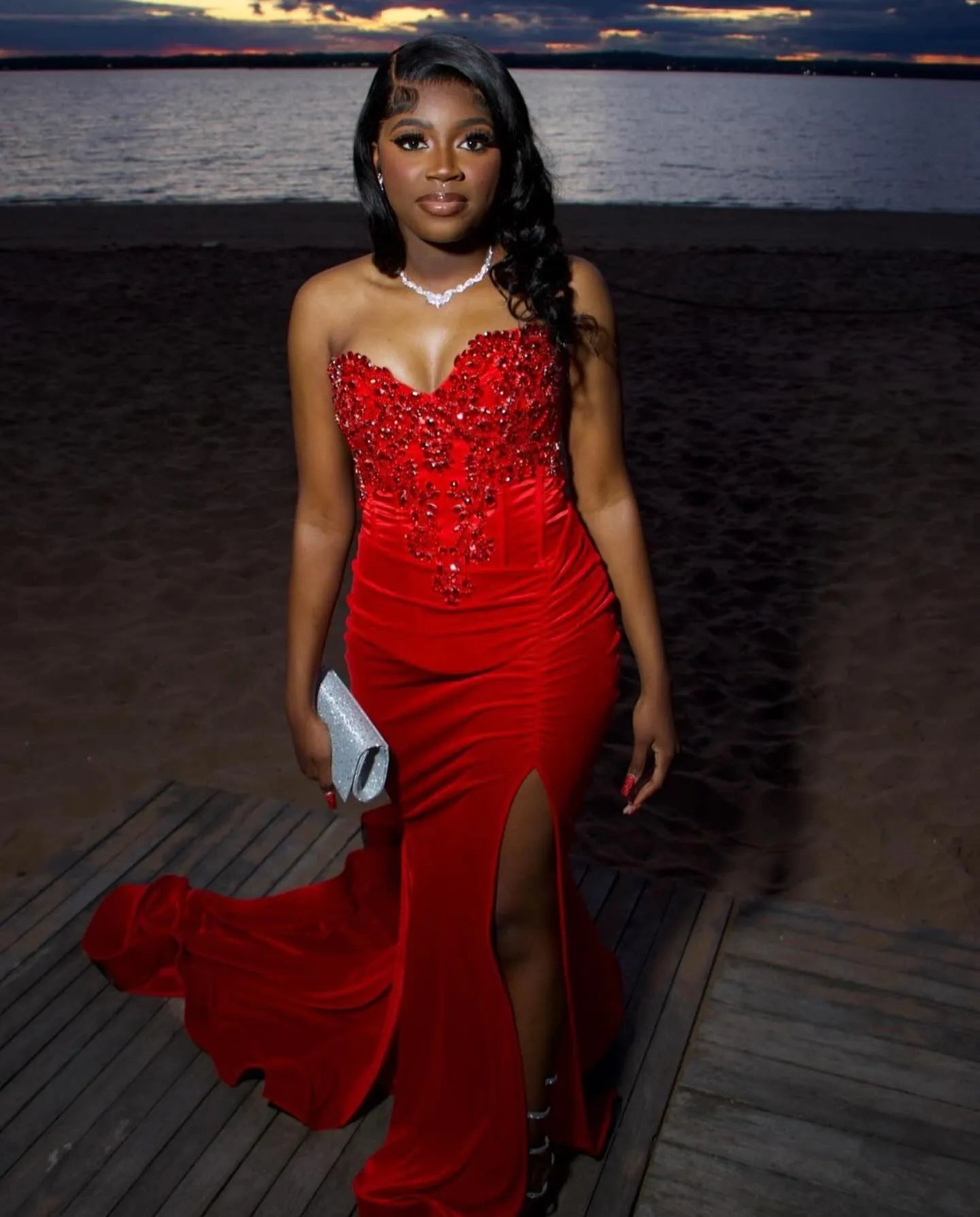 Beaded Mermaid Prom Dress Red Sweetheart Evening Gown fg7523