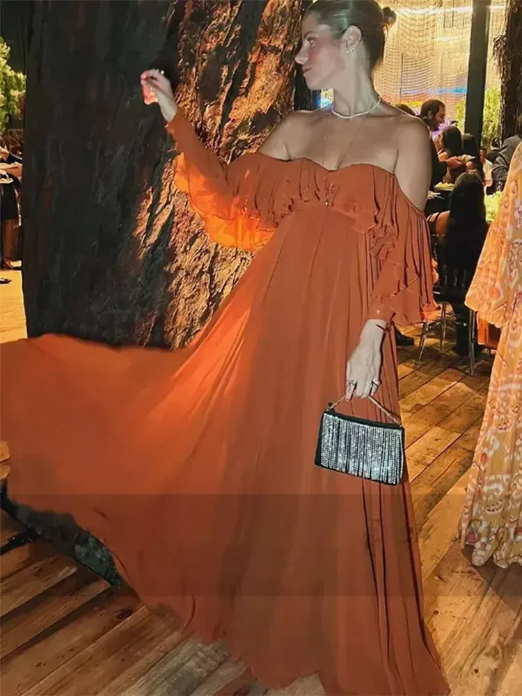 Vestidos de noche de gasa clásicos con volantes y corte en A, vestidos de fiesta largos fg7465