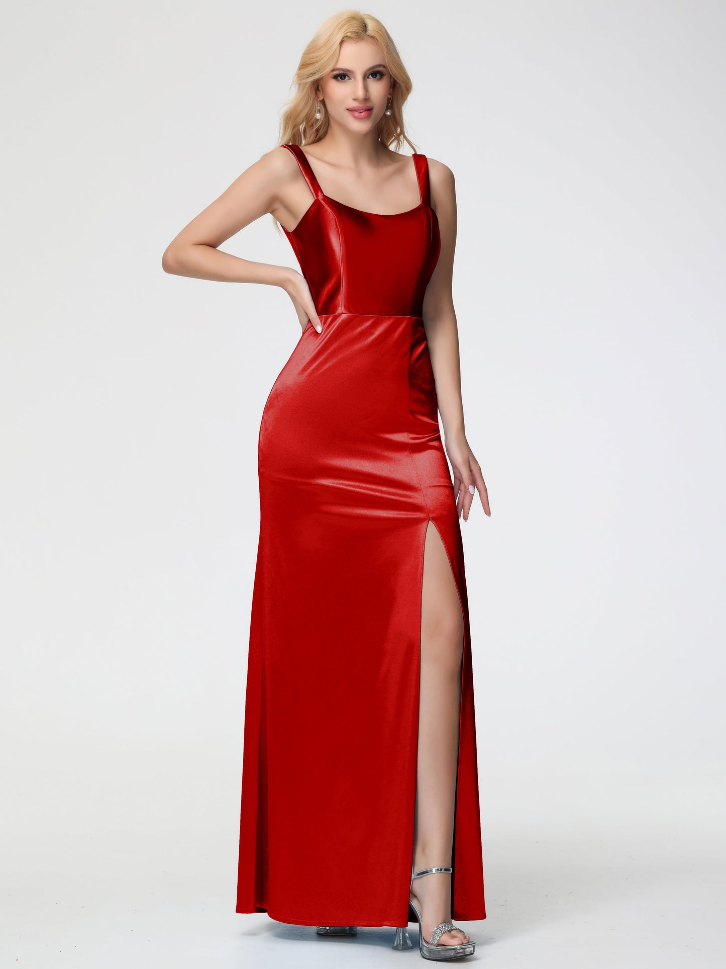 Vestido de fiesta largo rojo con escote en V, tirantes finos, espalda en V, largo hasta el suelo, satén elástico