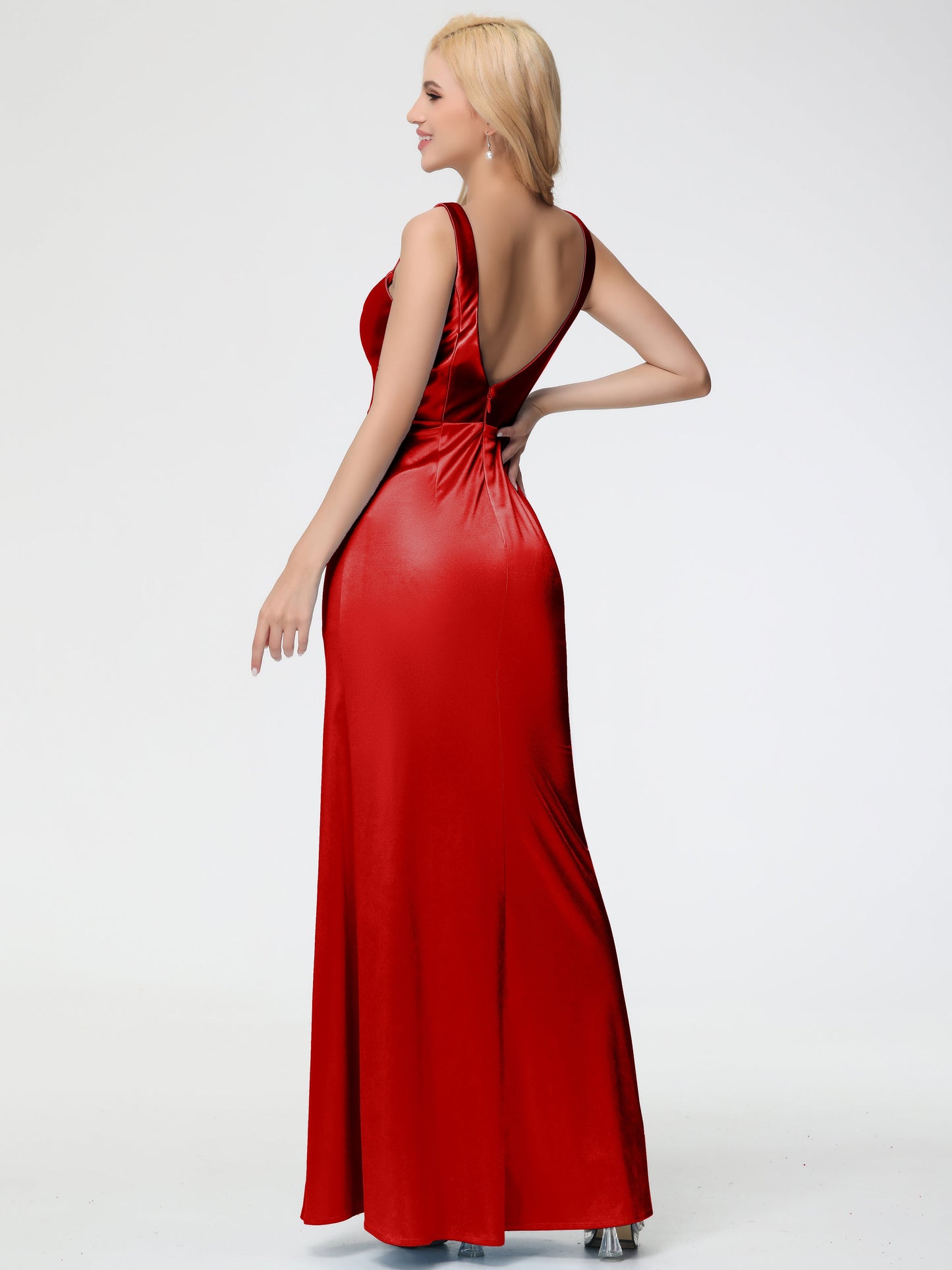 Vestido de fiesta largo rojo con escote en V, tirantes finos, espalda en V, largo hasta el suelo, satén elástico