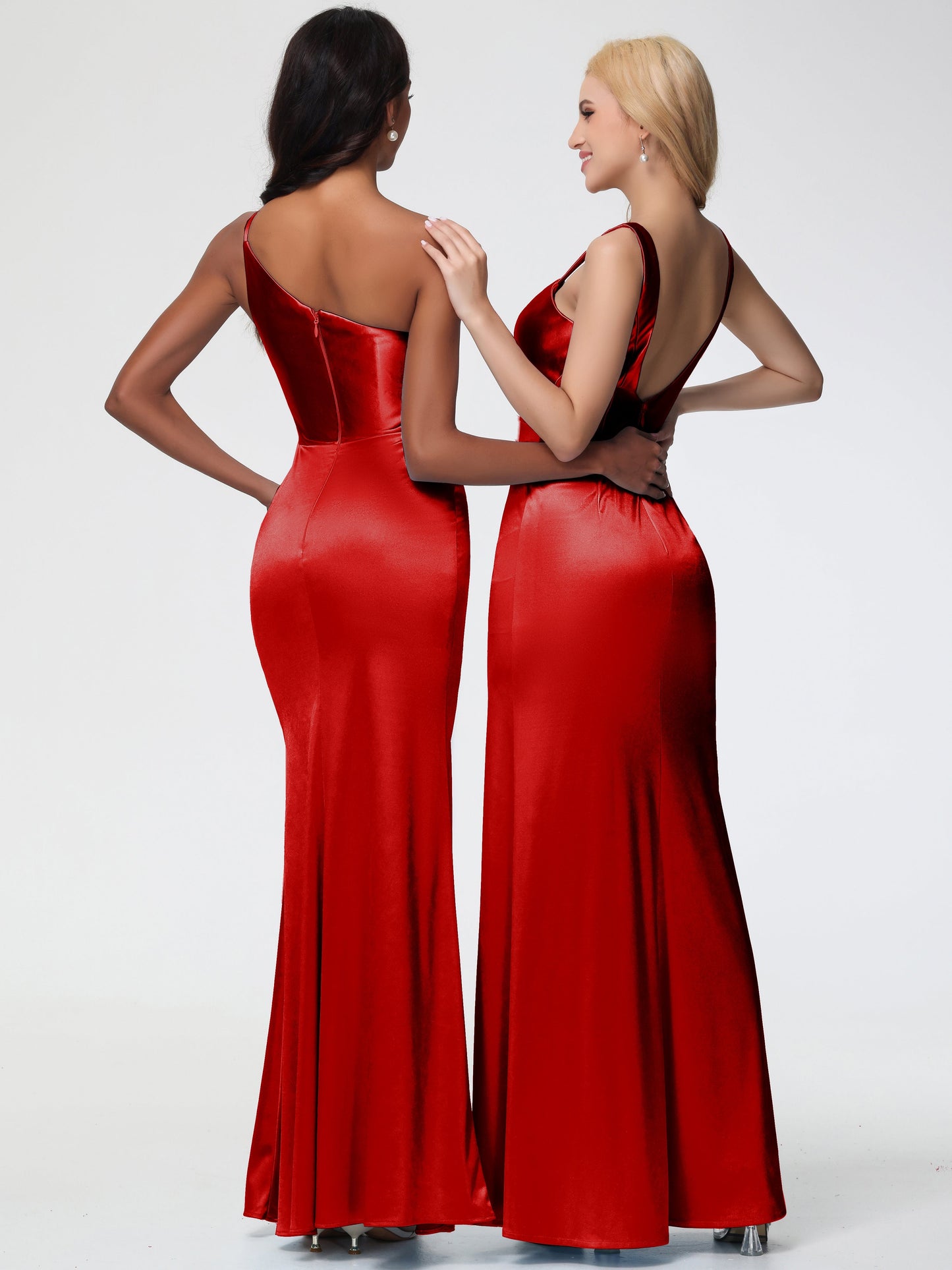 Vestido de fiesta largo rojo con escote en V, tirantes finos, espalda en V, largo hasta el suelo, satén elástico